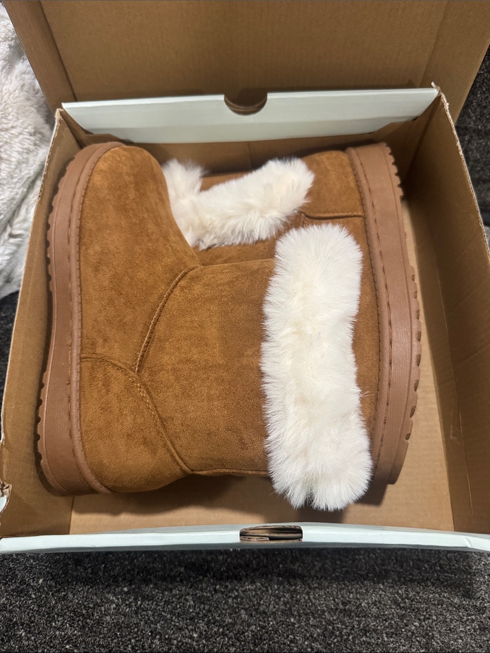 Chestnut Faux-Suede Booties with Cream Faux-Fur Cuff by SO